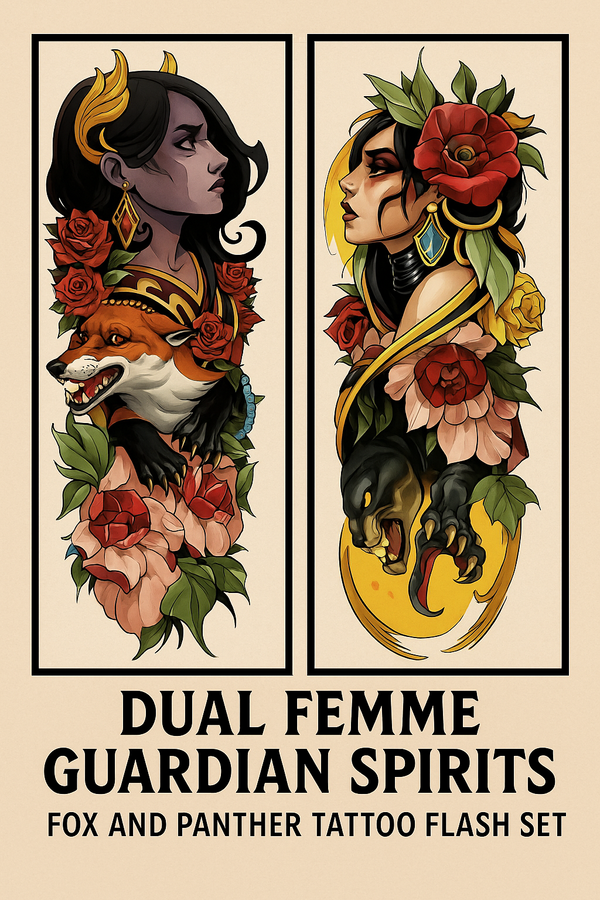 Dual Femme Guardian Spirits – Fox and Panther Tattoo Flash Set for Fantasy Ink Art or Tattoo Shop Display Digital Download Print