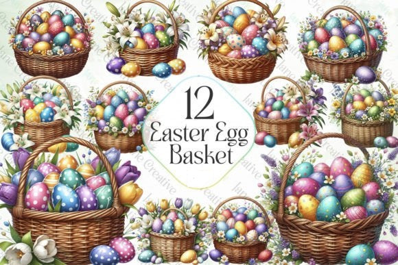 Beautiful 12 Easter Egg Baskets PLUS 16 Easter Bunnies DIY PNG Digital Sublimation Clipart Use for Junk Journal Scrapbooks Wall decor etc