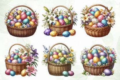 Beautiful 12 Easter Egg Baskets PLUS 16 Easter Bunnies DIY PNG Digital Sublimation Clipart Use for Junk Journal Scrapbooks Wall decor etc