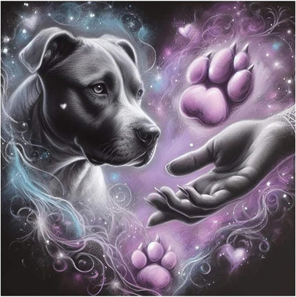Eternal Bond – Grayscale Dog with Hand and Paw Print in Purple Galaxy Art | Memorial Digital Print | 12x12 + 8.5x11 PNG + SVG Files