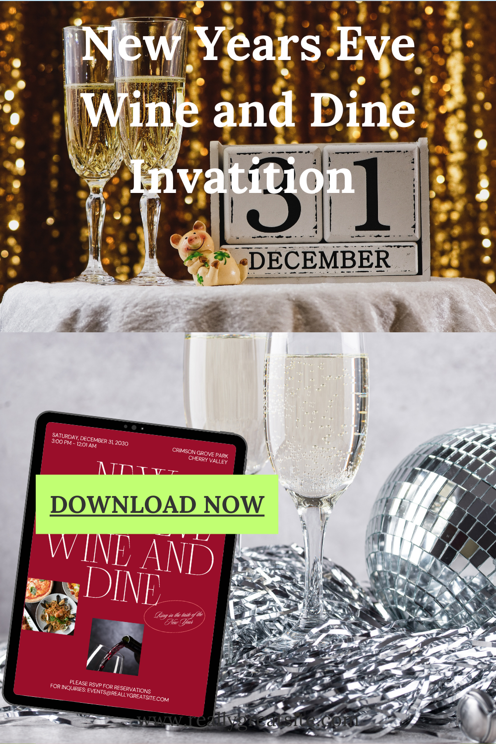 Full Editable and Print on Phone, Tablet, or Desktop for FREE with Canva - Invitations New Years Eve - Christmas No Signup Instant Download