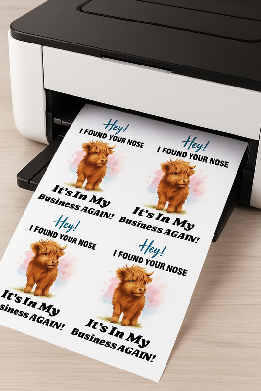 Funny Highland Cow Printable Sticker Sheet I Found Your Nose It's In My Business Again PNG Sublimation File Cute Cow Clipart for Crafts