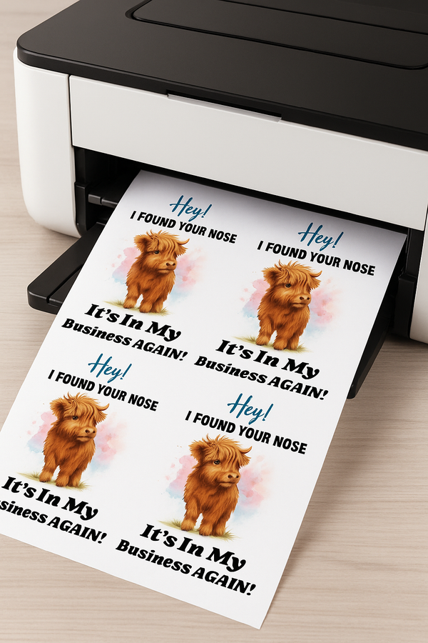 Funny Highland Cow Printable Sticker Sheet I Found Your Nose It's In My Business Again PNG Sublimation File Cute Cow Clipart for Crafts
