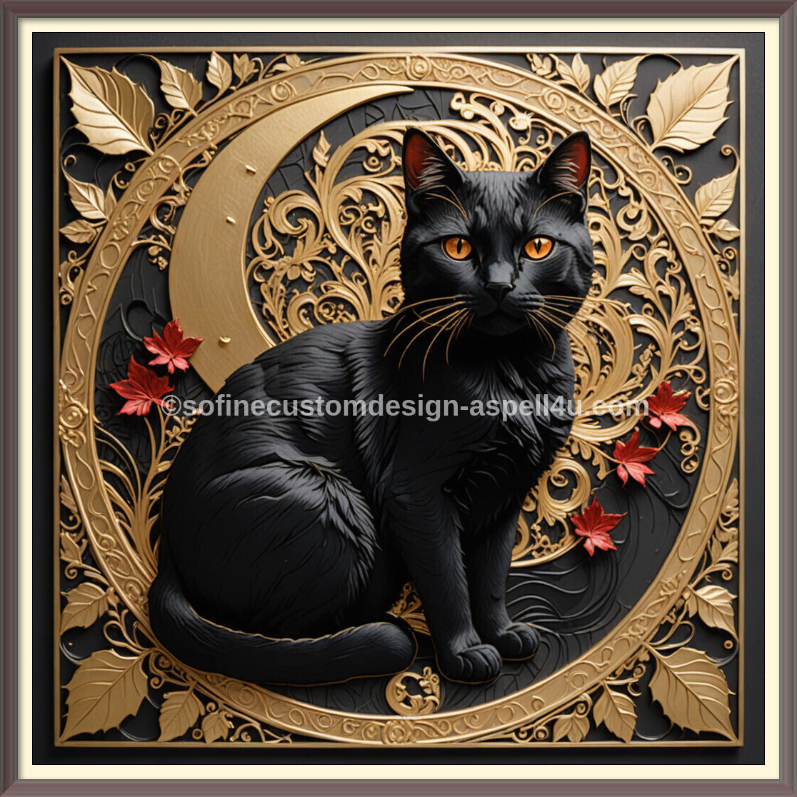 Gold Crescent Moon Black Cat AI Created One of a Kind Digital Download Canvas Poster Wall Art DIY Printable DIY Craft Supply