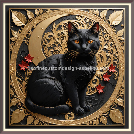 Gold Crescent Moon Black Cat AI Created One of a Kind Digital Download Canvas Poster Wall Art DIY Printable DIY Craft Supply