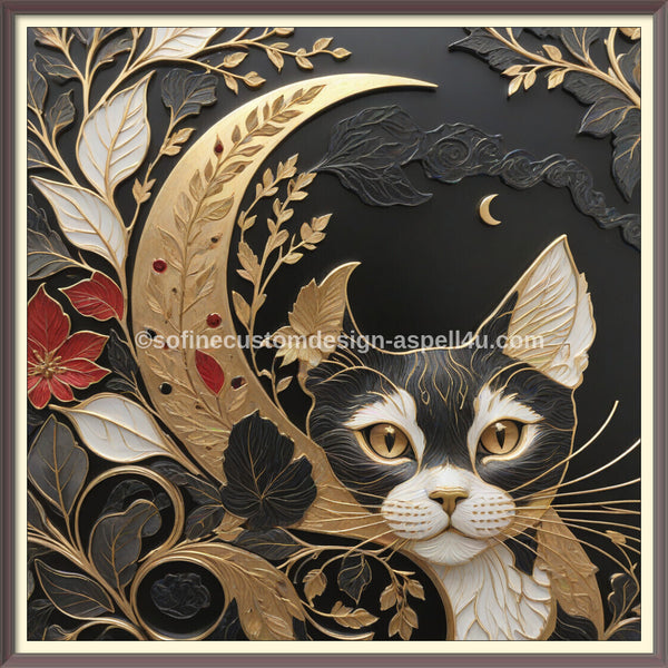 Gold Crescent Moon Kitten AI Created One of a Kind Digital Download Canvas Poster Wall Art DIY Printable DIY Craft Supply
