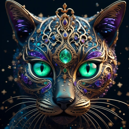 Gold Patterned Cats on Black Sky - Printable AI Created Hand Crafted One of A Kind - Digital Download Wall Art Print Cottage Core DIY Gift