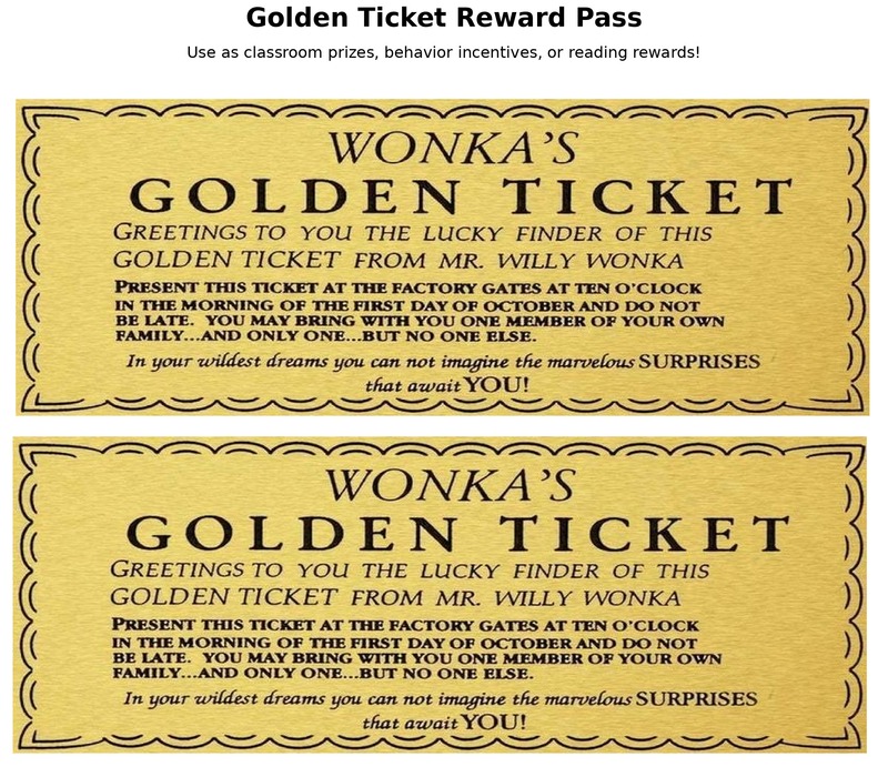 Golden Ticket Printable Download – 2-Up Landscape Layout | Instant Digital File | Classroom Reading Incentive Game | Wonka-Inspired Reward Certificate