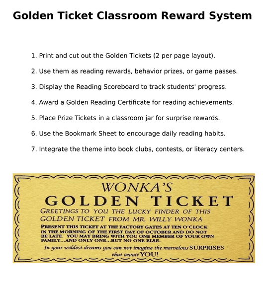 Golden Ticket Printable Download – 2-Up Landscape Layout | Instant Digital File | Classroom Reading Incentive Game | Wonka-Inspired Reward Certificate
