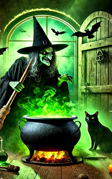 Green Witch with Cauldron on Fire and her Familiar AI Enhanced Versatile Digital Designed Instant Download Fairycore Cottagecore DIY Craft
