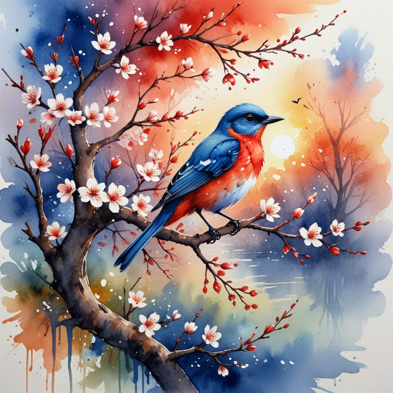 Twilight Songbird in Bloom – Watercolor Bluebird Digital Art Print – Cherry Blossom Tree Sunset Painting – Instant Download DIY Wall Decor