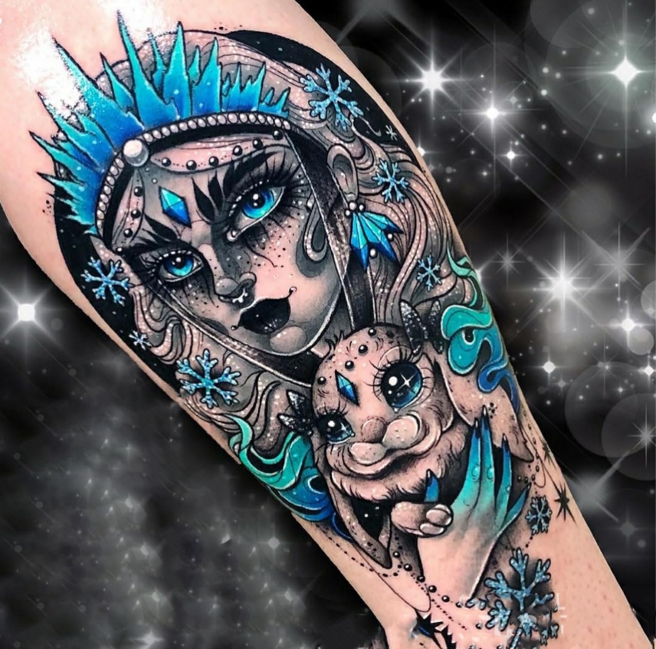 Ice Queen Snow Goddess Temporary Tattoo with Crown and Magical Rabbit Winter Fantasy Woman Sleeve Design for DIY Crafts or Fake Tattoo Digital Download