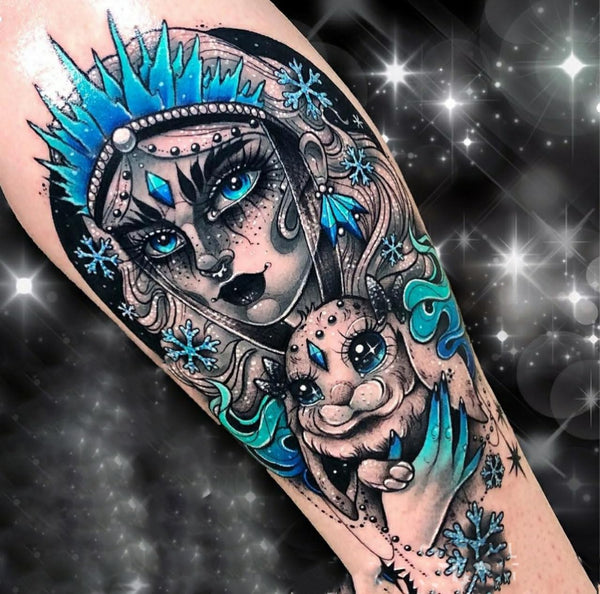 Ice Queen Snow Goddess Temporary Tattoo with Crown and Magical Rabbit Winter Fantasy Woman Sleeve Design for DIY Crafts or Fake Tattoo Digital Download