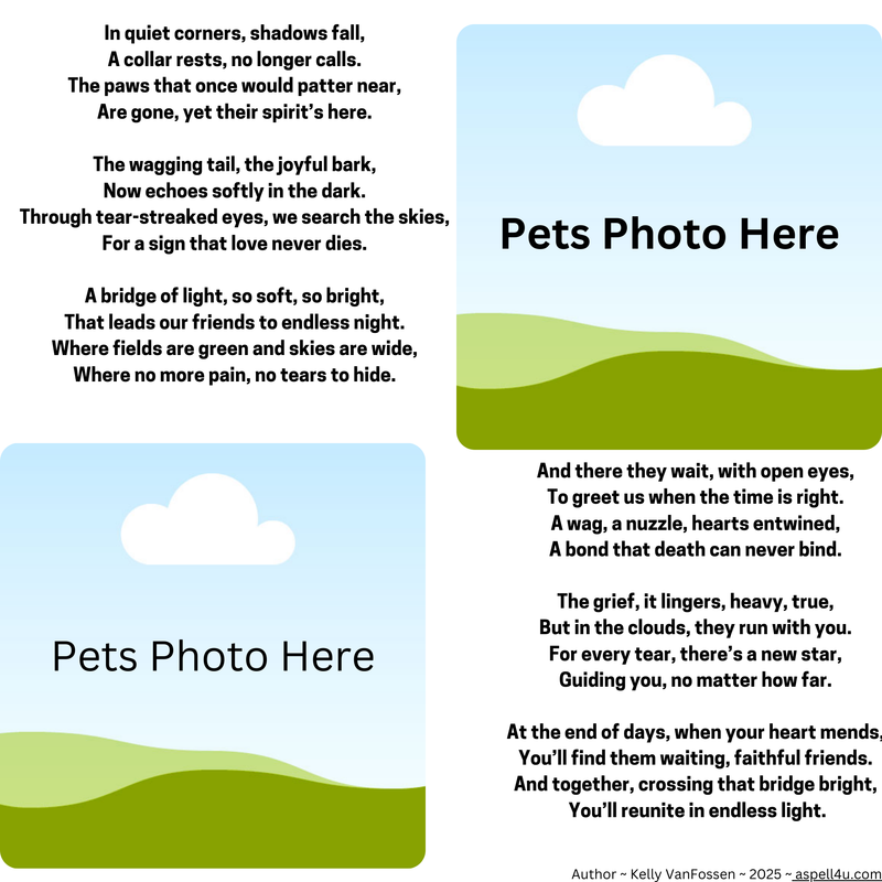 Pet Memorial Poem Print - In Quiet Corners - Custom Created Poem and Print Remembrance Gift Presentation for a Pet Loss - Digital Download