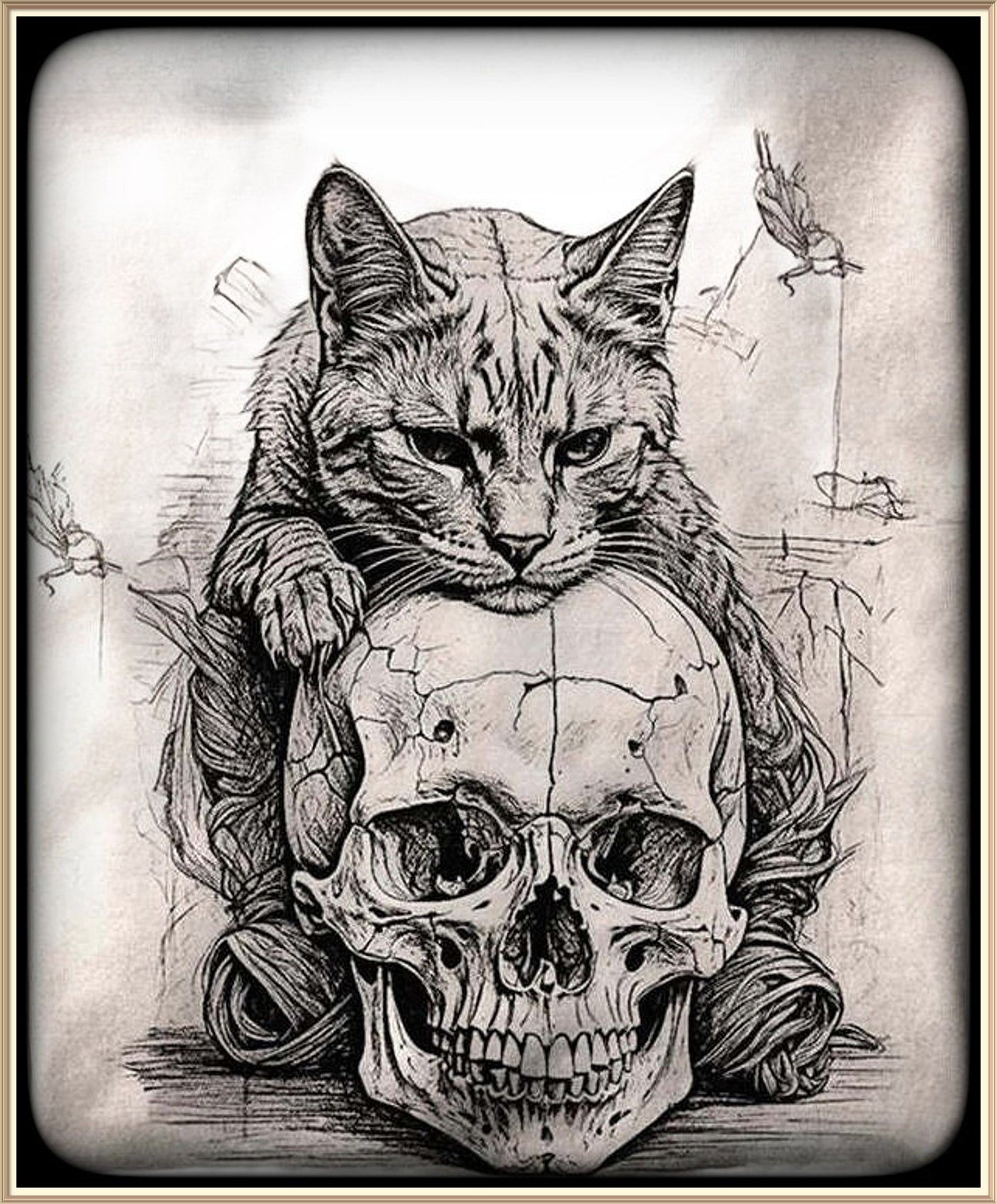 Ink Sketch Black and Gray Tabby with Skull - AI Created One of a Kind Digital Download Canvas Poster Wall Art DIY Printable DIY Craft Supply