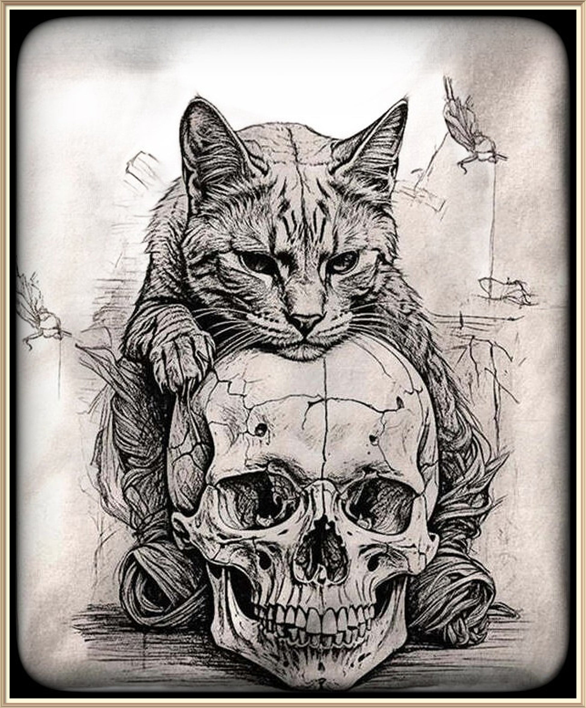 Ink Sketch Black and Gray Tabby with Skull - AI Created One of a Kind Digital Download Canvas Poster Wall Art DIY Printable DIY Craft Supply