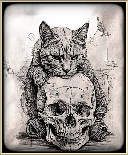 Ink Sketch Black and Gray Tabby with Skull - AI Created One of a Kind Digital Download Canvas Poster Wall Art DIY Printable DIY Craft Supply