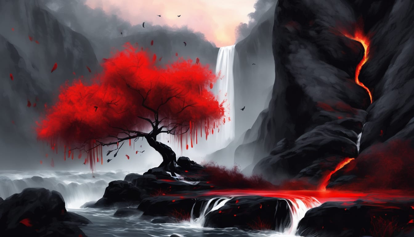 Japanese Style Red Black White Bonsai Tree Art | AI-Generated Digital Download for Canvas Poster Wall Art &amp; DIY Crafts