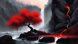 Japanese Style Red Black White Bonsai Tree Art | AI-Generated Digital Download for Canvas Poster Wall Art &amp; DIY Crafts