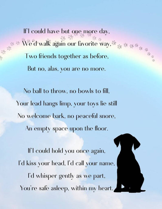Just One More Day Beloved Dog Memorial keepsake Sign 8x12" Pet Loss Dog Parents New Made In America To Order Exquisite Custom Created Decor