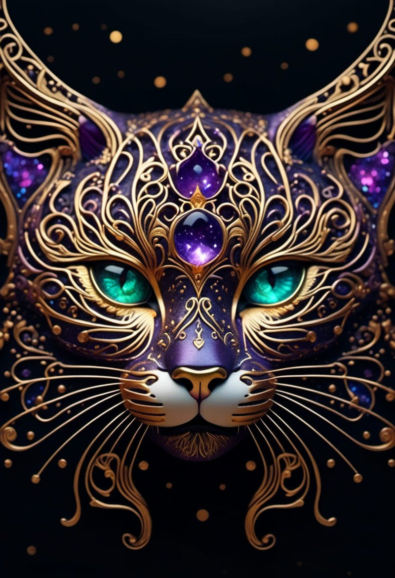 Gold Patterned Cats on Black Sky - Printable AI Created Hand Crafted One of A Kind - Digital Download Wall Art Print Cottage Core DIY Gift