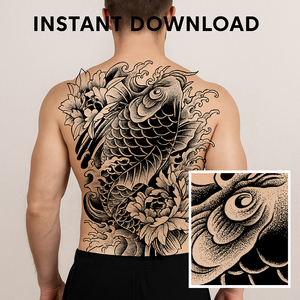 Koi Ascension – Full Back Japanese Tattoo Design | Blackwork Koi Fish with Peonies Waves | Printable Irezumi Tattoo Flash Download Artwork

