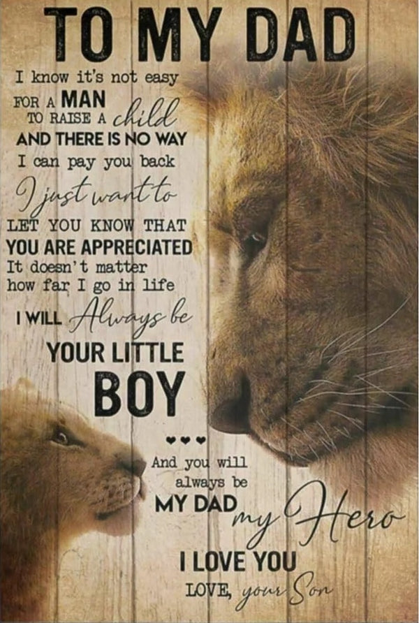 Lion and Cub Cub to Lion To My Dad Quote from Son Fake Wood Display  Custom Printable - AI Created Hand Crafted One of A Kind - Digital Download Wall Art Print Cottage Core