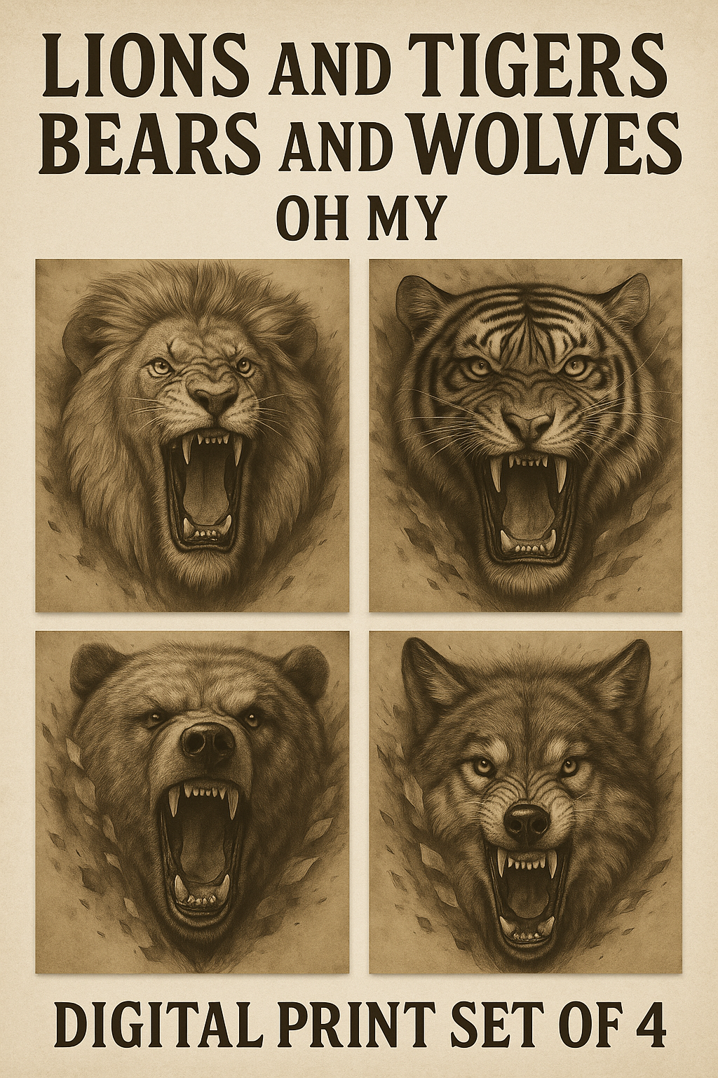 Lions and Tigers Bears and Wolves Oh My Digital Print Set of 4 | Wildlife Animal Wall Art | Rustic Woodland Nature Decor | Cabin Lodge Gift  Four illustrations of a lion, tiger, bear, and wolf with text 'Lions and Tigers Bears and Wolves Oh My' and 'Digital Print Set of 4'.