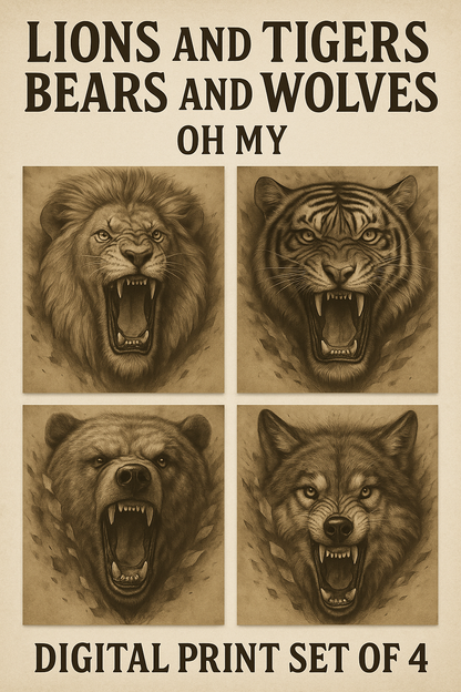 Lions and Tigers Bears and Wolves Oh My Digital Print Set of 4 | Wildlife Animal Wall Art | Rustic Woodland Nature Decor | Cabin Lodge Gift  Four illustrations of a lion, tiger, bear, and wolf with text 'Lions and Tigers Bears and Wolves Oh My' and 'Digital Print Set of 4'.