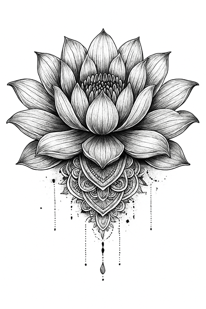 Lotus Flower Tattoo Design Download – 4K Transparent PNG Printable Stencil – High Resolution Sacred Symbol Art for Tattoos Decor Digital Use