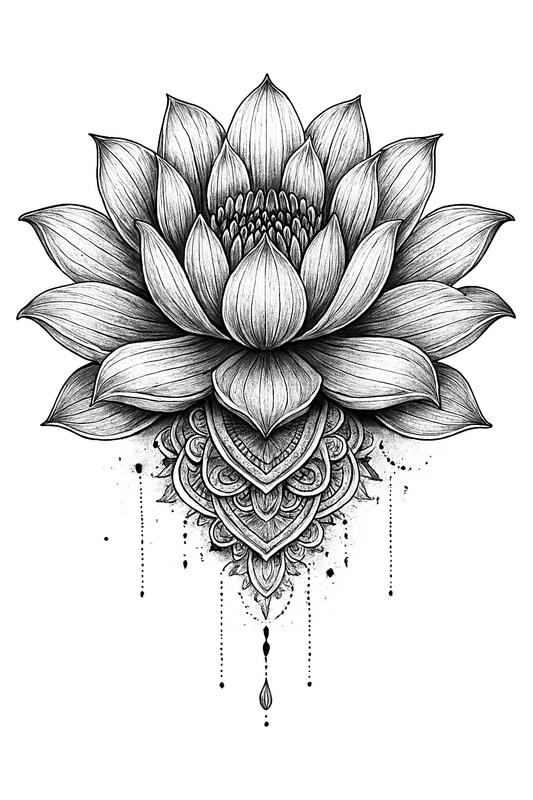 Lotus Flower Tattoo Design Download – 4K Transparent PNG Printable Stencil – High Resolution Sacred Symbol Art for Tattoos Decor Digital Use