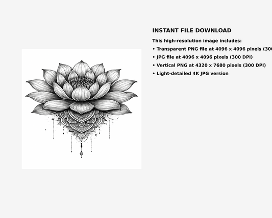 Lotus Flower Tattoo Design Download – 4K Transparent PNG Printable Stencil – High Resolution Sacred Symbol Art for Tattoos Decor Digital Use