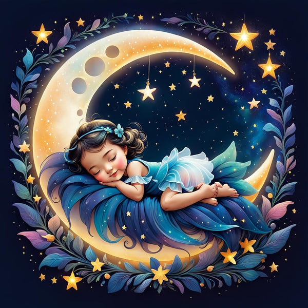 Child Sleeping on a Crescent Moon Under the Stars 