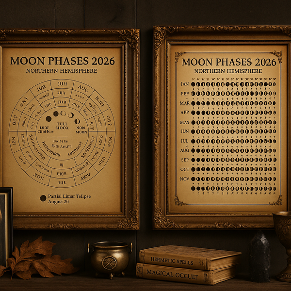 Moon Phases 2026 Calendar Northern Hemisphere Printable Lunar Cycle Chart with Full Moon Dates Witchy Astrology Grimoire Digital Wall Art