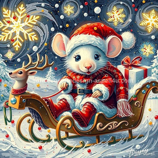 Mouse on Sleigh Reindeer Christmas Card You Can Edit in Canva for Free AI Created Digital Download with QR Code for Phone DIY Printable Card