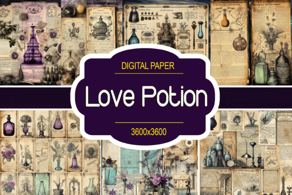 Printable Retro Gothic Mystic Love Potion PNG Sublimation Graphic Digital Paper DIY Junk Journal Scrapbooks Wall Decor Personalized Cards 