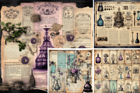 Printable Retro Gothic Mystic Love Potion PNG Sublimation Graphic Digital Paper DIY Junk Journal Scrapbooks Wall Decor Personalized Cards