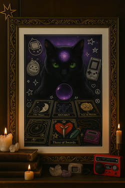 Mystic Feline Tarot Art Download – 4K Digital Print of Black Cat with Crystal Ball and Occult Cards – Witchy Divination Decor for Altar Wall