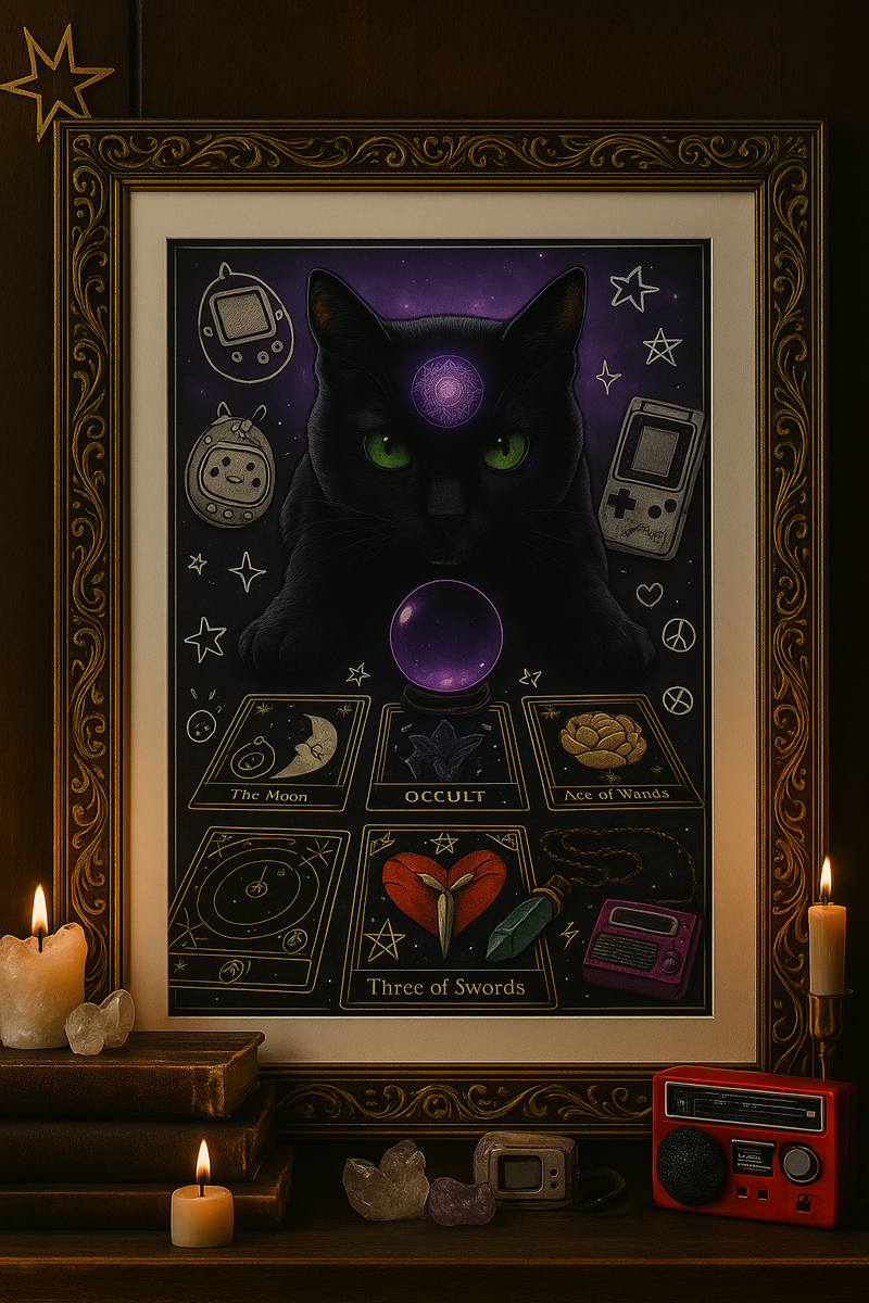 Mystic Feline Tarot Art Download – 4K Digital Print of Black Cat with Crystal Ball and Occult Cards – Witchy Divination Decor for Altar Wall