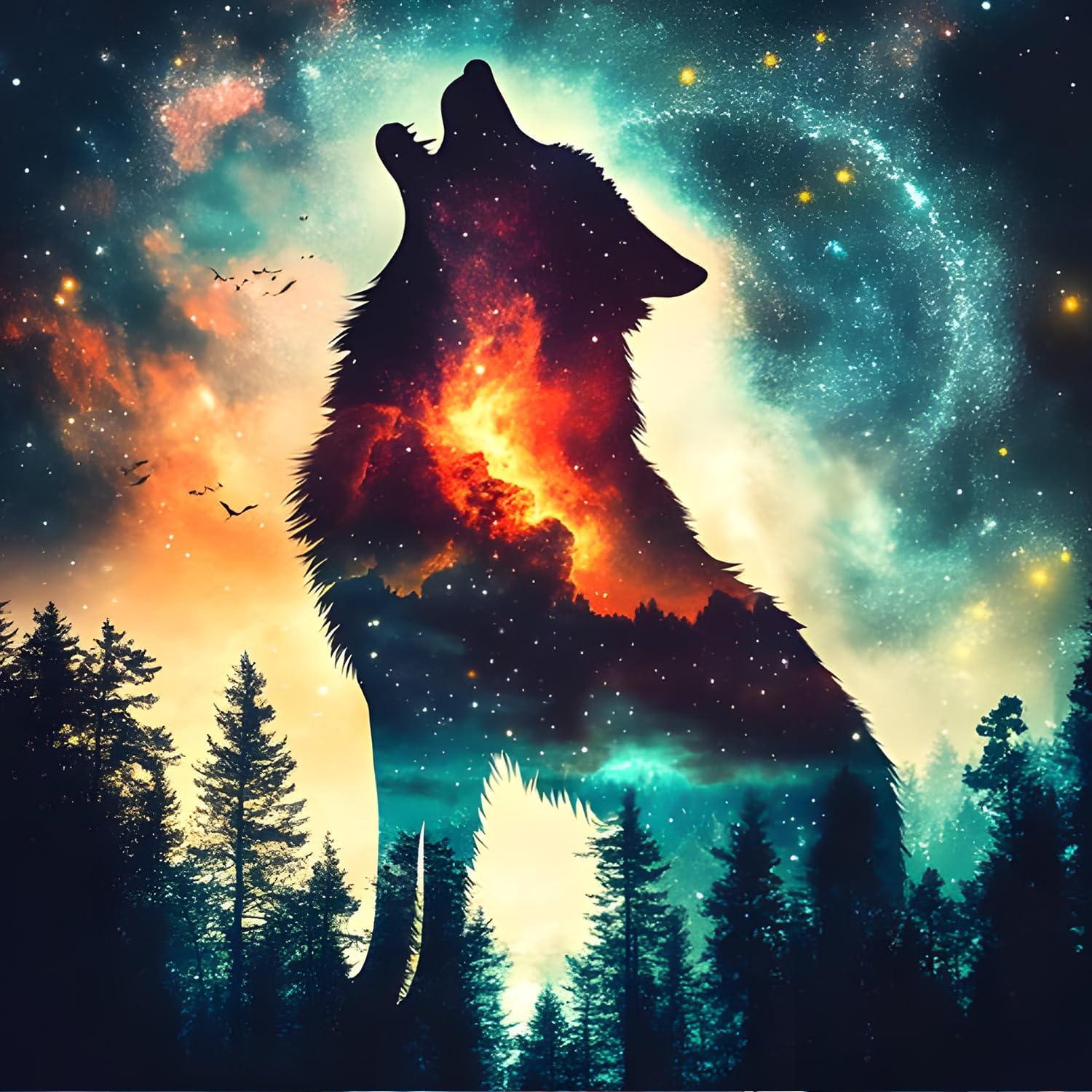 Mystical Galaxy Wolf Silhouette Digital Art Howling Forest Animal Celestial Sky Wall Print Spiritual Cosmic Poster Download