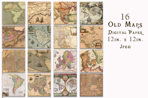 Old Maps Digital Wallpaper Textures Printable Graphics Boho Retro Themed Designs Use for Scrapbooking Junk Journal Pages Gift Wrap