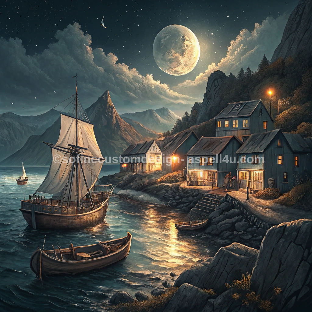 Old Ships in a Harbor Town at Night AI Created One of a Kind Digital Download Canvas Poster Wall Art DIY Printable Gift Make Your Own Crafts