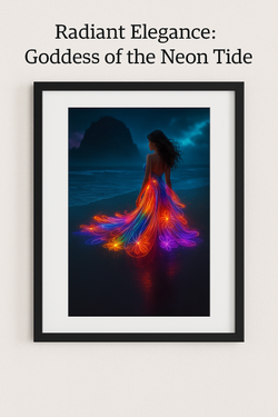 Radiant Elegance: Goddess of the Neon Tide – High Resolution Fantasy Artwork PNG Download – Vibrant Glow Dress Moonlit Beach Digital Print

