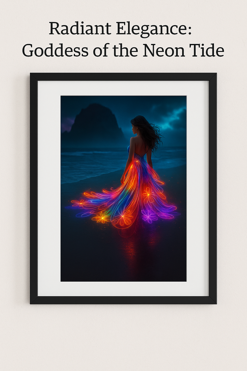 Radiant Elegance: Goddess of the Neon Tide – High Resolution Fantasy Artwork PNG Download – Vibrant Glow Dress Moonlit Beach Digital Print
