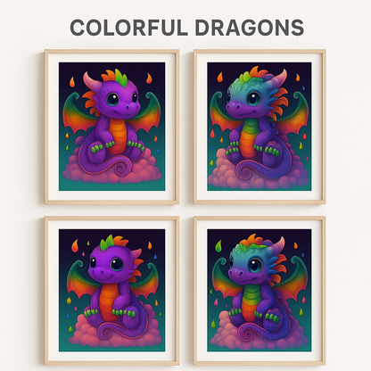 Rainbow Baby Dragon Prints – Colorful Fantasy Nursery Wall Art for Kids Room or Classroom Digital Download (Set of 4)
