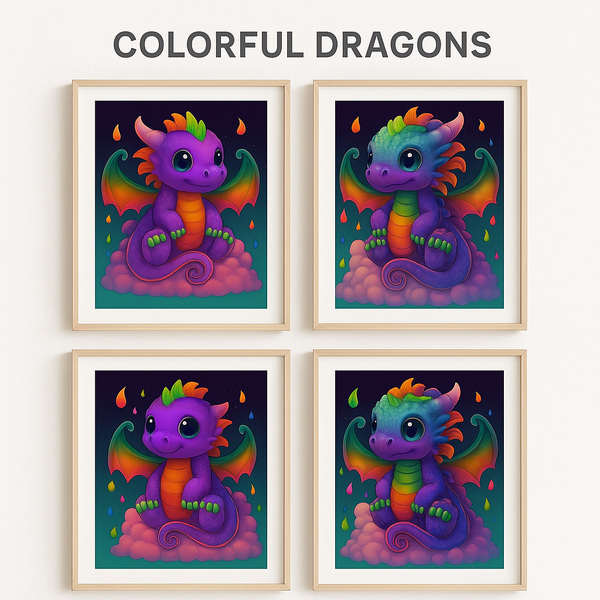 Rainbow Baby Dragon Prints – Colorful Fantasy Nursery Wall Art for Kids Room or Classroom Digital Download (Set of 4)