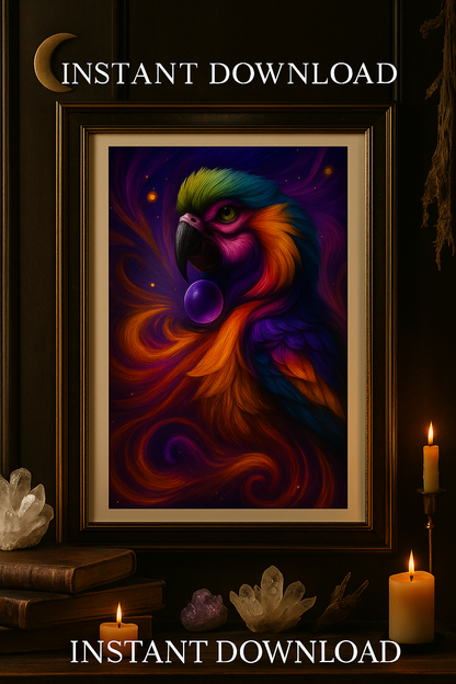 Rainbow Parrot Spirit – Vibrant Psychedelic Bird Artwork with Crystal Orb – Mystical Energy Wall Art Download
