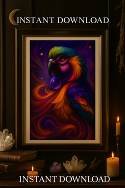 Rainbow Parrot Spirit – Vibrant Psychedelic Bird Artwork with Crystal Orb – Mystical Energy Wall Art Download
