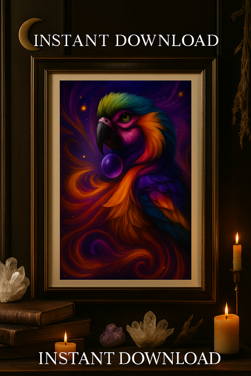 Rainbow Parrot Spirit – Vibrant Psychedelic Bird Artwork with Crystal Orb – Mystical Energy Wall Art Download
