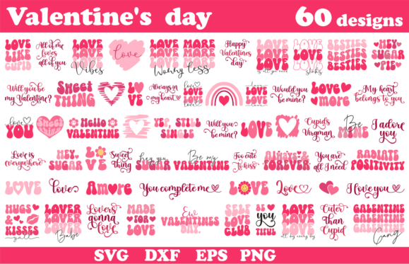 Printable Valentine Graphics Retro Vintage Romantic Design Bundle SVG, DXF, and EPS Retro Valentine Day Hearts Love Quotes In Vector Designs